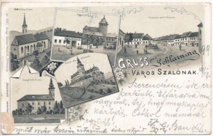 1899 (Vorläufer) Városszalónak, Stadtschlaining, Schlaining; Katholische Kirche, Schloss Eingang, Hauptplatz sammt Brunnen, Evangelische Kirche, Ansicht des Schlosses / templomok, kastély, Fő tér és szökőkút / churches, castle, main