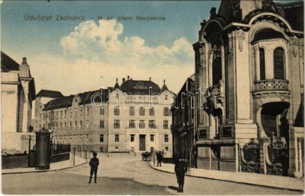 1915 Zsolna, Sillein, Zilina; M. kir. állami főreáliskola / school + 'ZSOLNA PÁLYAUDVAR 1915 FEB. 16.' + K.u.k. Bahnhofkommando Zsolna'