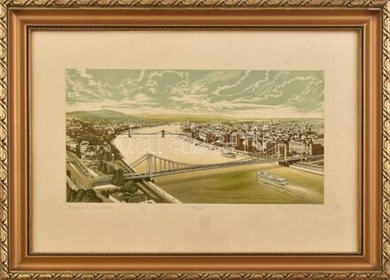 Zsigovics Iván (1958- ):Budapesti panoráma. Színes rézkarc, papír, jelzett, számozott (17/100), üvegezett fa keretben, lapszéli apró foltokkal, 19,5x36 cm