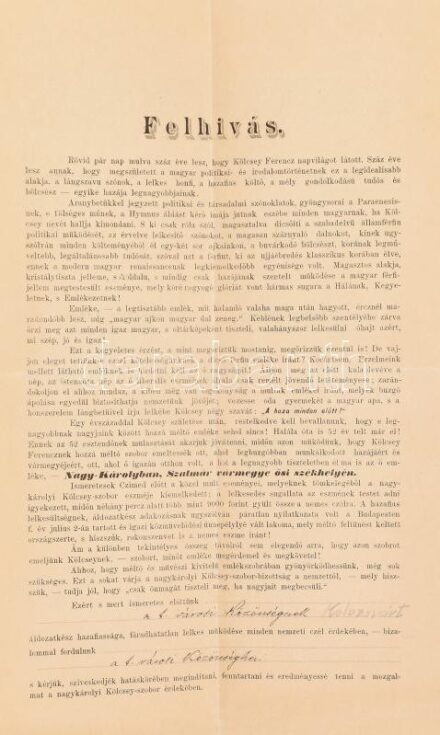 1890 Nagykároly Kölcsey Ferenc szobrának felállítására vonatkozó felhívás Kolozsvár közönségének megküldve.