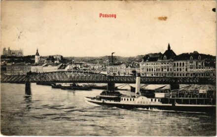 1908 Pozsony, Pressburg, Bratislava; 'HEBE' gőzhajó, híd. Musterschutz Bediene dich allein 1908. / steamship, bridge (fl)