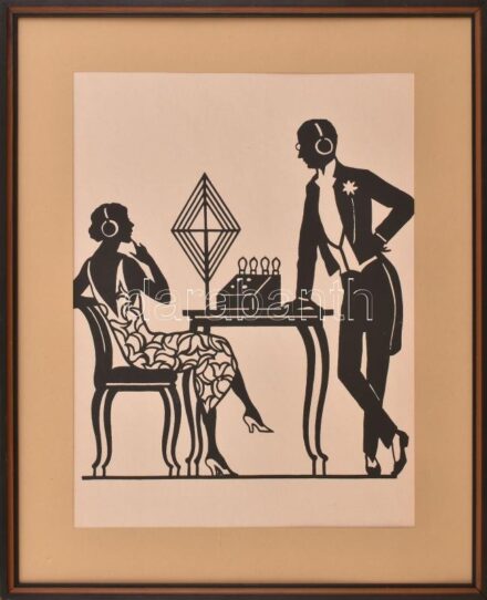 cca 2020 Rádióhallgatók, art deco stílusú árnykép. Computer print, papír, fa keretben, 39,5x29,5 cm