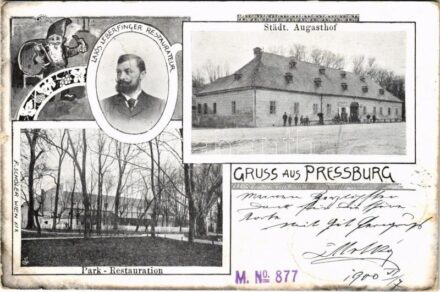 1900 Pozsony, Pressburg, Bratislava; Städt. Augasthof, Park Restauration, Lajos Leberfinger Restaurateur. F. Schöler / Leberfinger Lajos vendéglős, étterem / restaurant with owner. Art Nouveau, floral (kis szakadás / small tear)