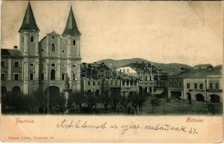 1900 Zsolna, Sillein, Zilina; Fő tér, A Fonciere pesti biztosító / main square, insurance company + 'ZSOLNA-GALÁNTA-BUDAPEST 45. SZ. B' vasúti mozgóposta bélyegző