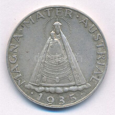 Ausztria 1935. 5Sch Ag 'Madonna - Magna Mater Austriae' T:2 ph., patina Austria 1935. 5 Schilling Ag 'Madonna - Magna Mater Austriae' C:XF edge error, patina Krause KM#2853