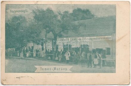 1908 Temesmurány, Temes-Murány, Murani; Hammer Samu és Fia vegyeskereskedés, üzlet, Nagyvendéglő. Messinger S. utóda kiadása / shop, restaurant (EK)