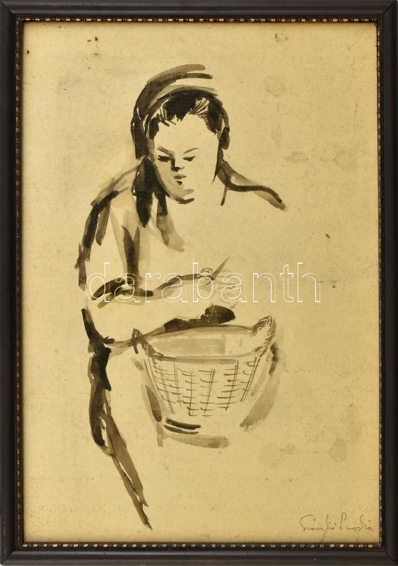 Szántó Piroska (1913-1998): Hámozó. Lavírozott tus, papír, jelzett. Dekoratív, üvegezett fakeretben. 40x29 cm
