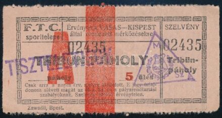 FTC Sporttelep tribünpáholy tiszteletjegy a Vasas-Kispest mérkőzésekre