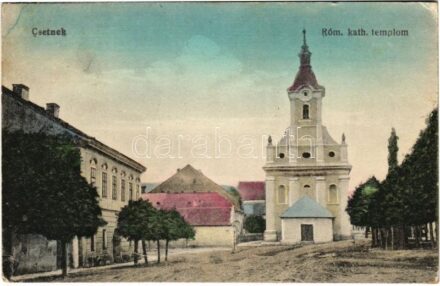 1918 Csetnek, Stítnik; Római katolikus templom. Feldmann Janka kiadása / church + 'PELSŐC-NAGYMAROS 460' vasúti mozgóposta (Rb)