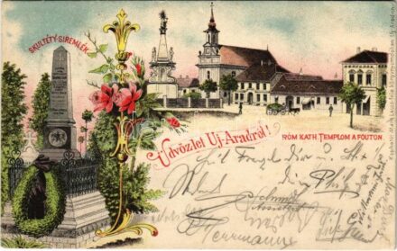 1900 Arad, Újarad, Aradul Nou; Skultéty síremlék, Római katolikus templom a főúton. Mayr Lajos kiadása / tombstone, Catholic church, street view. Art Nouveau, floral, litho