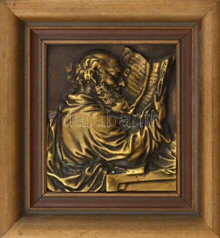 Olvasó férfi. Bronz dombormű, jelzés nélkül, fakeretben. 17x15 cm