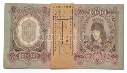 1943. 1000P (100x) kötegelővel, közte sorszámkövető sorozatokkal: 'F 080 056730-056750' (20x) a 080 056739 sorszámú hiányzik, 'F 080 056565-056600' (33x) a 66-os, 68-as, 69-es sorszámú hiányzik, 'F 080 056510-056517' (8x), 'F 080