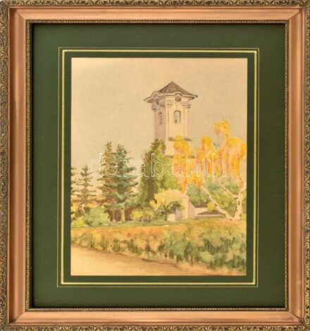 Jelzés nélkül: Őszi táj templomtoronnyal. Akvarell, papír. Dekoratív, üvegezett fakeretben, 30x20 cm