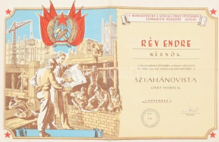 1953 Mérnök számára kiállított sztahanovista oklevél, hajtott