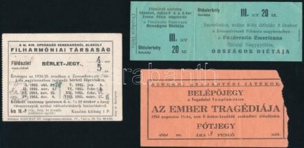 1934 3 db belépőjegy és bérlet (Szegedi Szabadtéri Játékok, Filharmóniai Társaság, Foederatio Emericana)