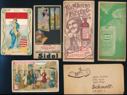 6 db számolócédula és litho kártya (Sidol, Sirax, Schmoll, Liebig, stb.)