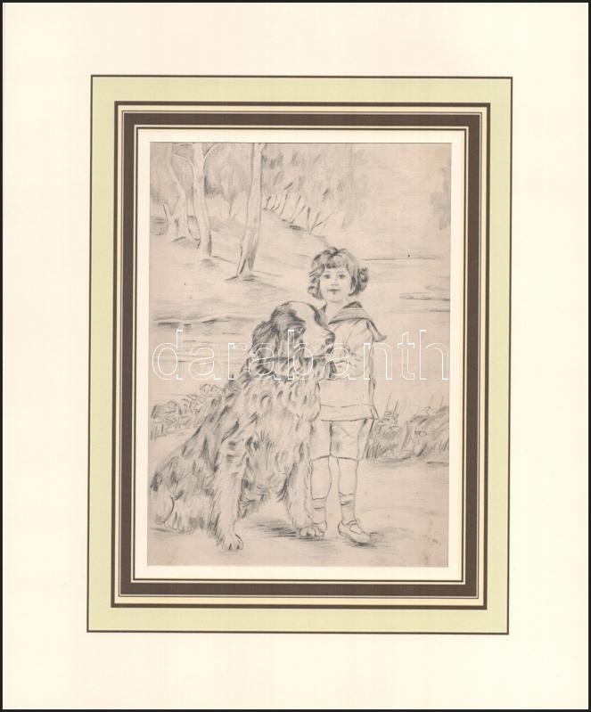 Jelzés nélkül: Kislány kutyával. Ceruza, papír. Paszpartuban. 20,5x14,5 cm