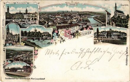 1897 (Vorläufer) Cieszyn, Teschen; Demelplatz, Evang. Kirche, Freistädter Vorstadt, Neue Jesuiten Kirche, Sachsenberg, Central Bahnhof, Schlossberg, Olsabrücke. Kunstanstalt Karl Schwidernoch No. 1594. / square, churches, railway station,