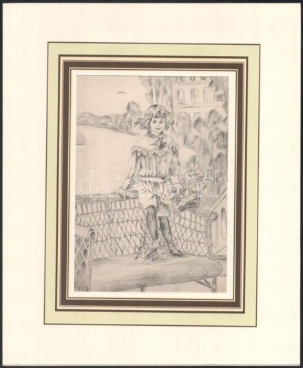 Jelzés nélkül: Kislány virágokkal. Ceruza, papír. Paszpartuban. 20,5x14,5 cm