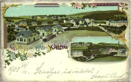 Jablonecké Paseky, Bad Schlag; general view, Dr. Gletters Sanatorium, Turnverein Jahn floral Art Nouveau litho (EK)