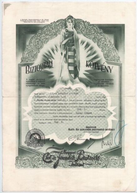 Budapest 1935. 'Magyar Élet- és Járadék-biztosító Intézet' biztosítási kötvénye, a 'Tolnai Világlapja' előfizetője számára T:III