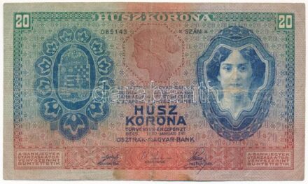 1907. 20K '1615 085143' T:III- hajtás mentén kis szakadás, fo. Hungary 1907. 20 Korona '1615 085143' C:VG small tear along fold line, spotted Adamo K16