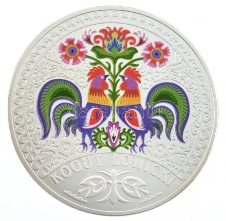 Lengyelország DN 'Lowiczi kakas' peremen jelzett és számozott, multicolor Ag emlékérem, tanúsítvánnyal, dísztokban (33,57g/0.999) T:PP fo. Poland ND 'Rooster from Lowicz' multicolor Ag commemorative medallion, hallmarked and numbered on