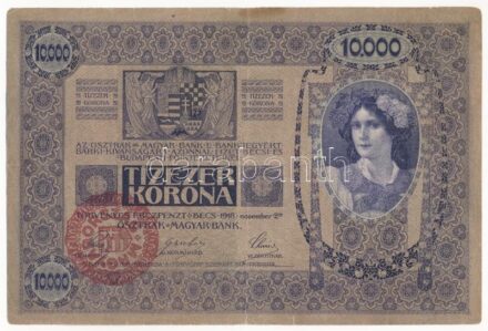 1918. 10.000K piros 'MAGYARORSZÁG' felülbélyegzéssel, '1005 99984' T:III kis szakadás Hungary 1918. 10.000 Korona with red 'MAGYARORSZÁG' overprint, '1005 99984' C:F small tear Adamo K40