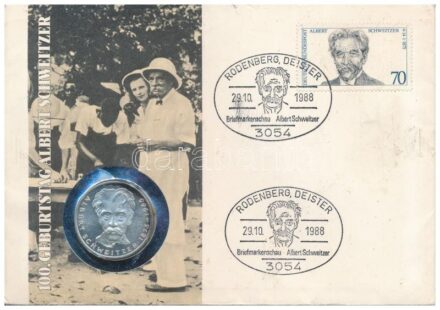Német Szövetségi Köztársaság 1975G 5M Ag 'Albert Schweitzer' érmés borítékban, elsőnapi bélyegzéses bélyeggel T:1 patina Federal Republic of Germany 1975G 5 Mark 'Albert Schweitzer' in coin envelope with first day of issue stamp,