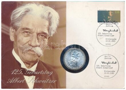 Német Szövetségi Köztársaság 1975G 5M Ag 'Albert Schweitzer' érmés borítékban, elsőnapi bélyegzéses bélyeggel T:1 patina Federal Republic of Germany 1975G 5 Mark 'Albert Schweitzer' in coin envelope with first day of issue stamp,
