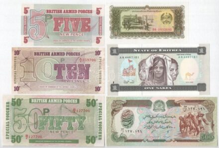 6db vegyes külföldi bankjegy tétel klf országokból (Afganisztán, Eritrea, Laosz, Nagy-Britannia), közte Afganisztán 1991. 500A + Nagy-Britannia / Katonai kiadás (ND) 1972. 5P-50P (3xklf) '6. sorozat' T:I,I- folt 6pcs of mixed foreign