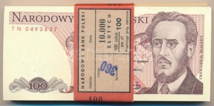 Lengyelország 1988. 100Zl (100x) eredeti, kissé sérült kötegelővel, sorszámkövetők T:I,I- Poland 1988. 100 Zlotych (100x) with original, somewhat damaged wrapper, consecutive serials C:UNC,AU