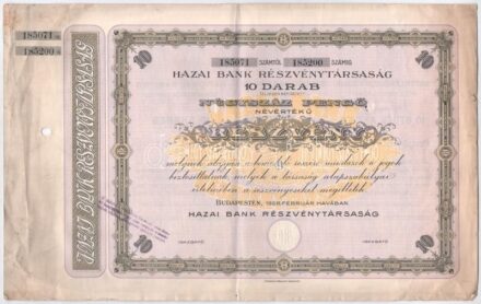 Budapest 1926. 'Hazai Bank Részvénytársaság' 10 darab 400P értékű részvénye szárazpecséttel, szelvényekkel, bélyegzéssel, lyukasztásokkal érvénytelenítve T:II-