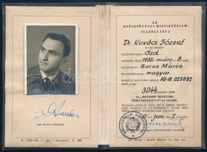 1960 Arcképes orvosi igazolvány