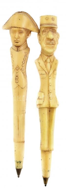 2 db figurális golyóstoll, Napóleon és De Gaulle tábornok, faragott csont utánzat, kopásnyomokkal, h: 15 cm