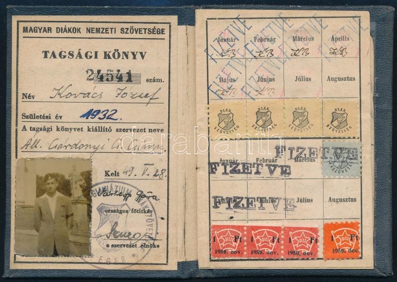 1949 Arcképes diákszövetségi igazolvány sok tagdíjbélyeggel