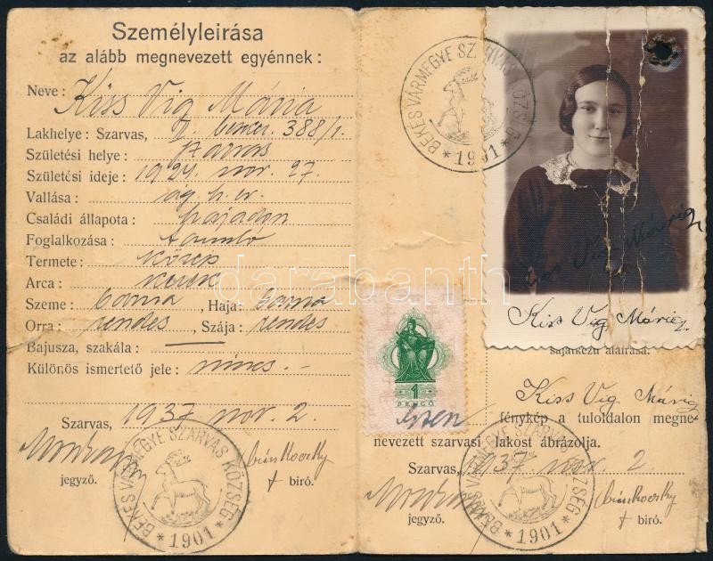 1937 Szarvas, fényképes személyazonossági igazolvány