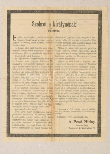 1898 Szobrot a királynénak - A Pesti Hírlap felhívása kartonra ragasztva, kissé sérült. 21x28 cm
