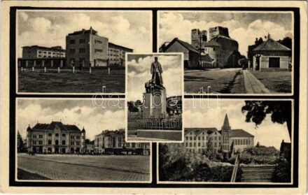 1938 Léva, Levice; OTI Intézet, kórház, Milan Rastislav Stefánik szobra, Fő tér, megyeház, tanítóképző, Adria biztosító, várrom, Svetlánsky üzlete / hospital, statue, main square, county hall, teachers training institute,