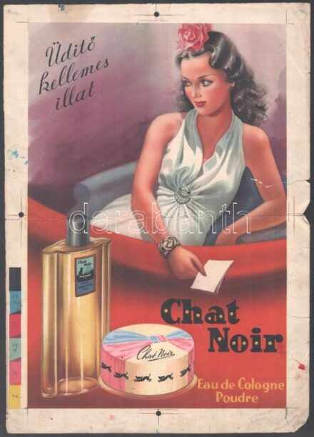 'Üdító, kellemes illat', Chat Noir kölni, Art deco plakát- / reklám terv, próbanyomat, 1930 körül. Ofszetnyomat, kollázs, papír. Jelzés nélkül, hajtva, kisebb lapszéli foltokkal, szakadásokkal, egy helyen ragasztott, 36,5x25,5 cm