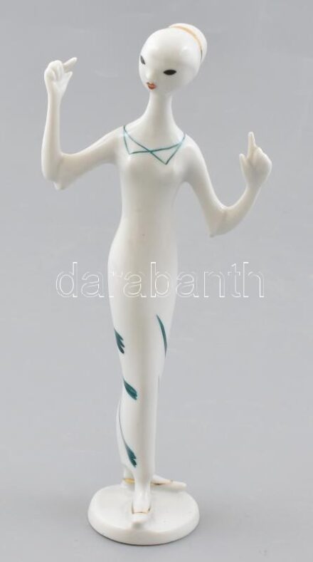 Hollóházi retró táncoló lány. Kézzel festett, jelzett, hibátlan, m: 18,5 cm