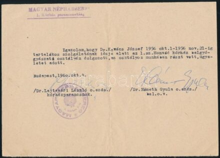 1960 Bp., Igazolás orvosnak 1956-os szolgálatáról