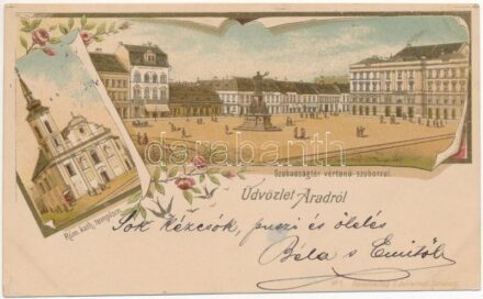 1898 (Vorläufer) Arad, Szabadság tér vértanú szoborral, Római katolikus templom, üzletek / square, monument, church, shops. Kunstverlag C. Jurischek Art Nouveau, floral, litho (EK)