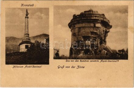 1919 Brassó, Kronstadt, Brasov; Gruss von der Zinne, Millenium Árpád-Denkmal, Das von den Rumänen zerstörte Árpád-Denkmal, Phot. Karl Habermann / Üdvözlet a Cenk-hegyről, Millenniumi emlékmű, Árpád-szobor épségben és a románok