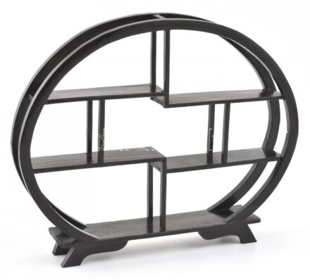 Fekete ovális, kisméretű, négy lábon álló polc, kisebb javított sérüléssel, 24x28x4,5 cm