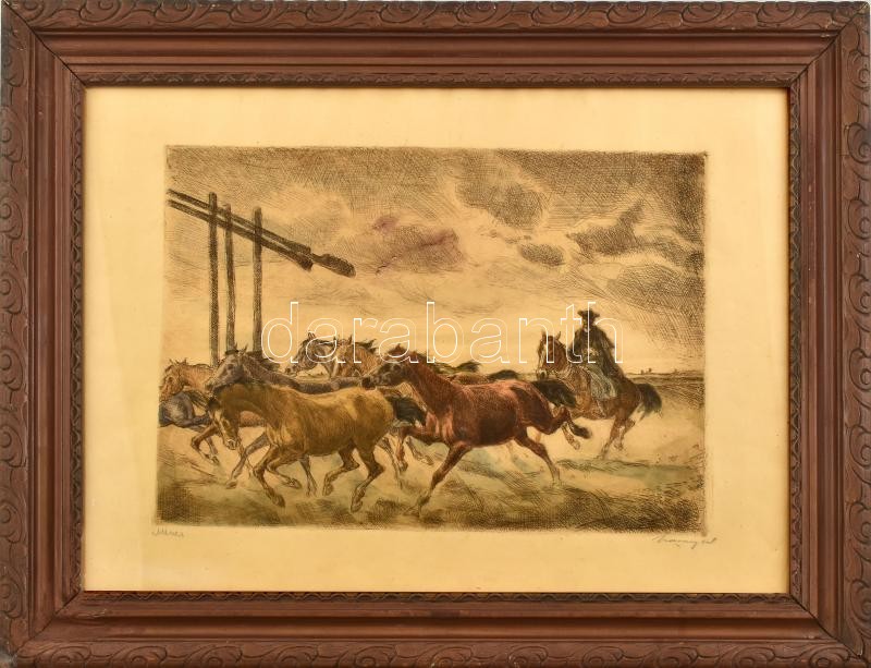 Udvary Pál (1900-1987): Ménes. Színezett rézkarc, papír, jelzett. Üvegezett, dekoratív, kissé sérült fakeretben, 29×41 cm