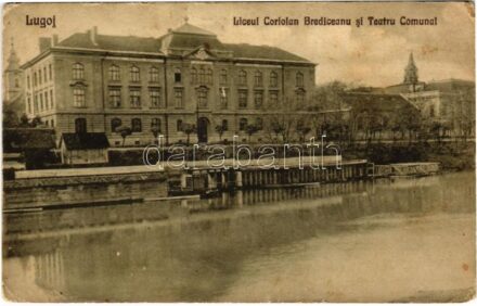 1925 Lugos, Lugoj; Liceul Coriolan Brediceanu si Teatru Comunal / Gimnázium, Színház / grammar school, theatre (kopott sarkak / worn corners)