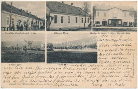 Nagybocskó, Bocicoiu Mare, Velikij Bicskiv, Velykyy Bychkiv (Máramaros); Faraktár gondnoksági iroda, Községháza, Szódagyár, Tisza híd, Berkovits Izráel üzlete és saját kiadása. 'Kárpát' fényképész felvételei után / forestry