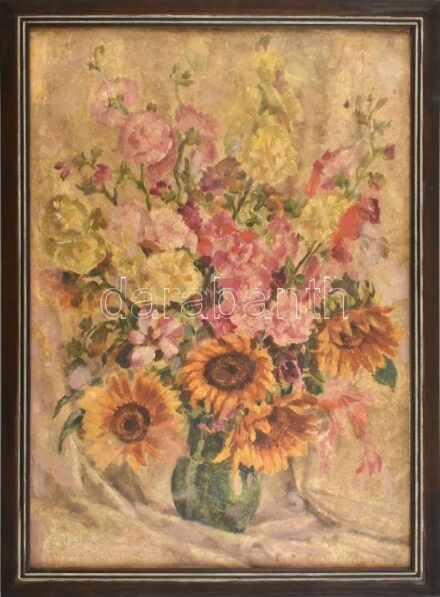 Jelzés nélkül: Csendélet napraforgókkal. Olaj, karton. Fakeretben, 70×50 cm