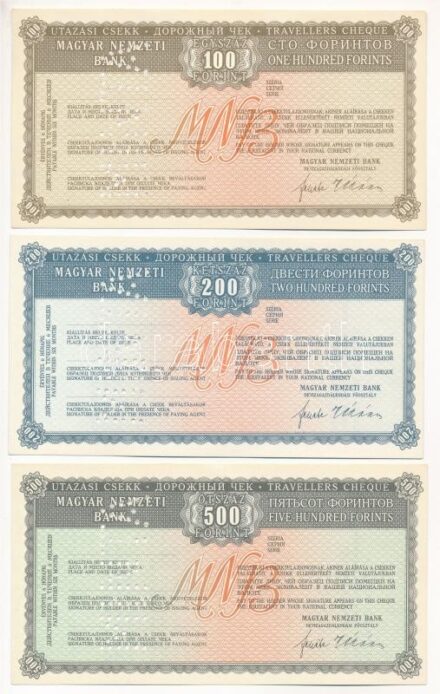 ~1960-1970. Magyar Nemzeti Bank utazási csekkjeinek kitöltetlen, perforált 'MINTA' darabjai 100Ft - 200Ft - 500Ft-os címletekben (3xklf) T:I